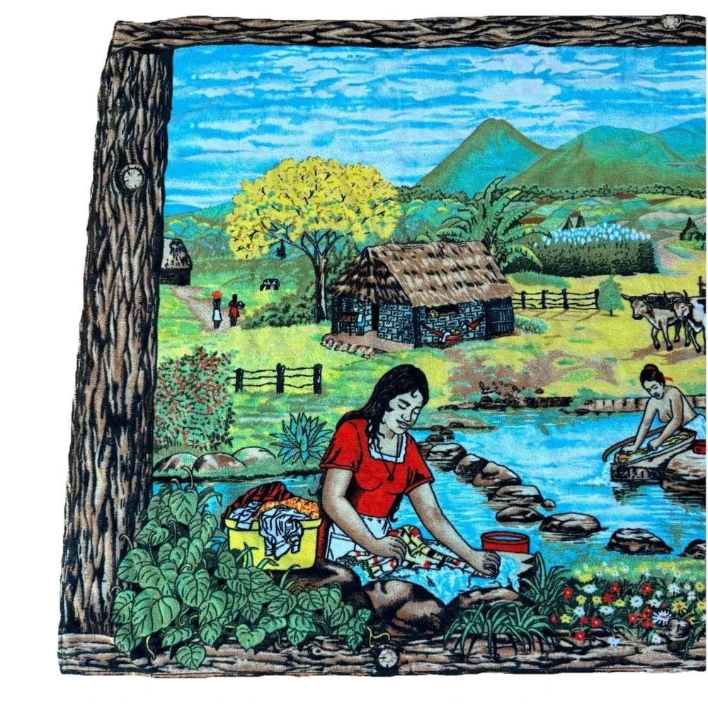 Vintage 1970s Hilasal Beach Towel Folk Art Village River Scene Landscape Bath